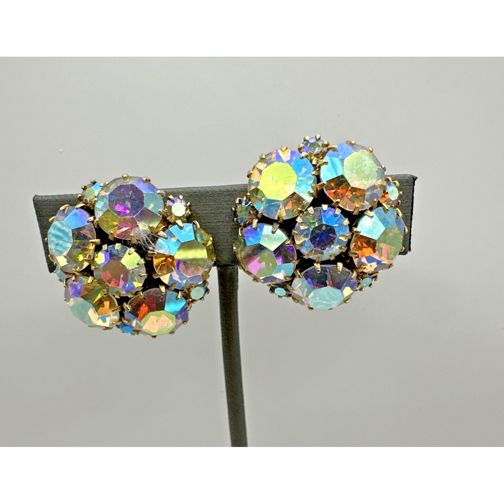 Vtg Signed Kramer AB Iridescent Large Rhinestone Dome Cluster Clip On Earrings
